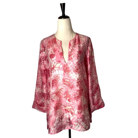 Tory Burch Shirt Women 10 Pink Floral Linen Blend Lightweight Blouse Boho Luxury - Picture 1 of 9
